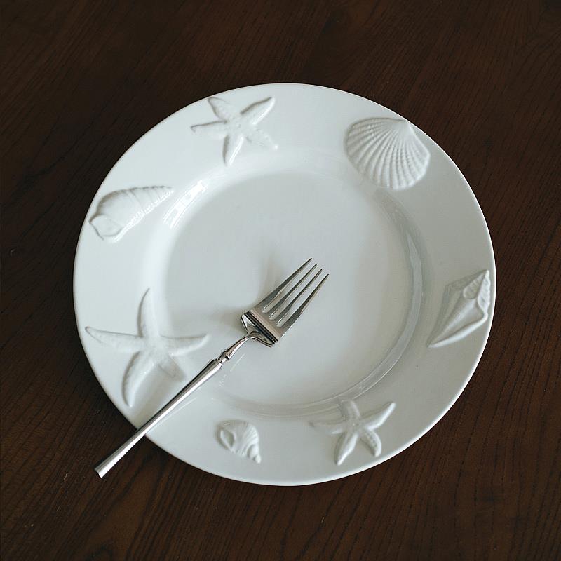 10.5寸 出口单高档海洋浮雕陶瓷大盘 海螺海星主餐盘菜盘海鲜盘