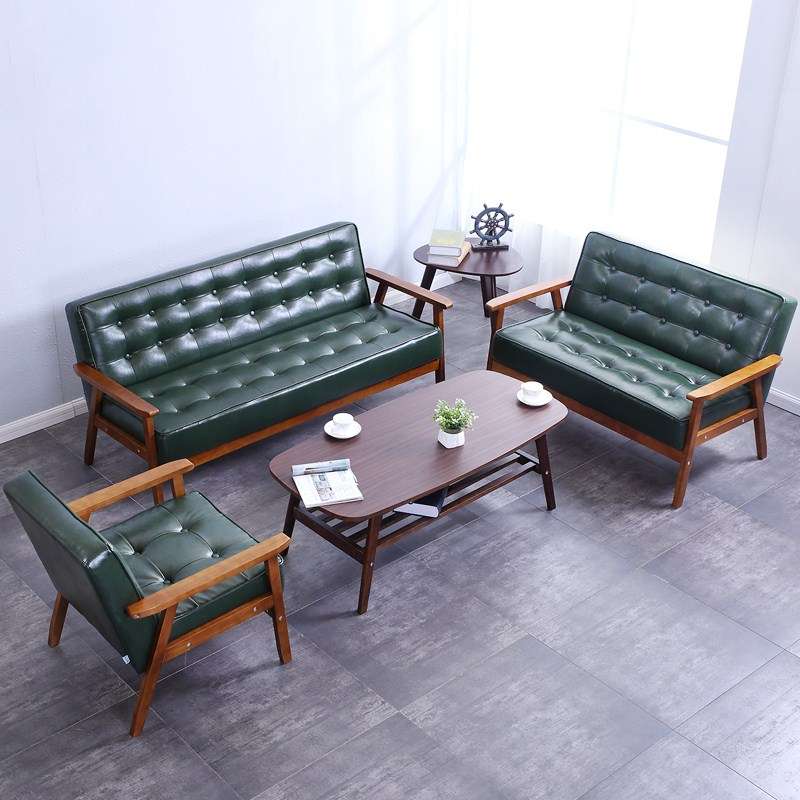 N5实木皮艺办公沙发茶几组合套装简约现代商务办公室接待室洽谈三