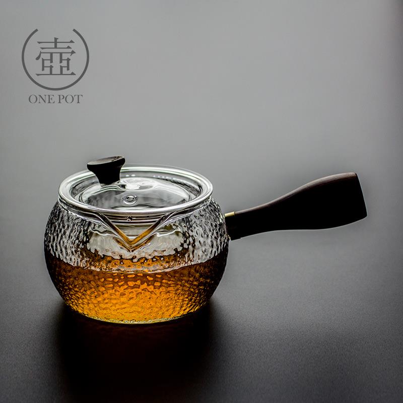 日式侧把玻璃泡茶壶家用耐高温过滤锤纹带内胆煮花茶壶功夫茶具