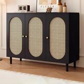 法式 黑色餐柜靠墙收纳柜客厅茶水柜藤编咖啡边柜厨房收纳置物柜