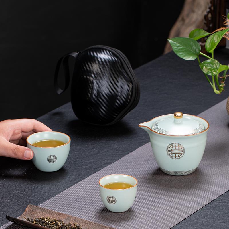 汝窑开片一壶两杯旅行茶具陶瓷小套装鎏金汝瓷冰裂便携泡茶快客杯