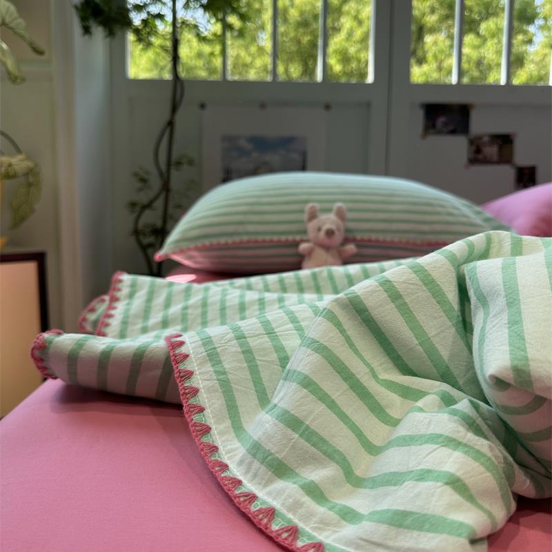 ins多巴胺绿色细条纹纯棉水洗棉夏凉被四件套全棉空调被薄被子芯