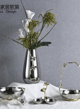 现代简约金属电镀银花瓶不锈钢托盘果盘摆件餐厅桌面样板房装饰品