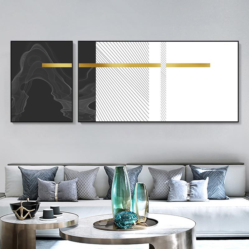 后现代简约客厅装饰画两联挂画沙发后背景白墙冷色系抽象艺术壁画图片
