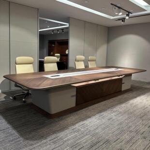 新中式实木会议桌长桌现代简约大型会议室办公桌椅组合黑胡桃木桌