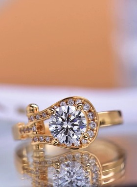高定轻奢爆款人工培育马蹄款戒指女款香槟金色莫桑仿真钻戒指11