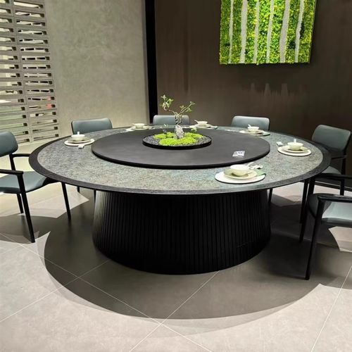 酒店餐桌电动大圆桌岩板转盘餐台餐厅会所别墅家具定制轻奢新中式