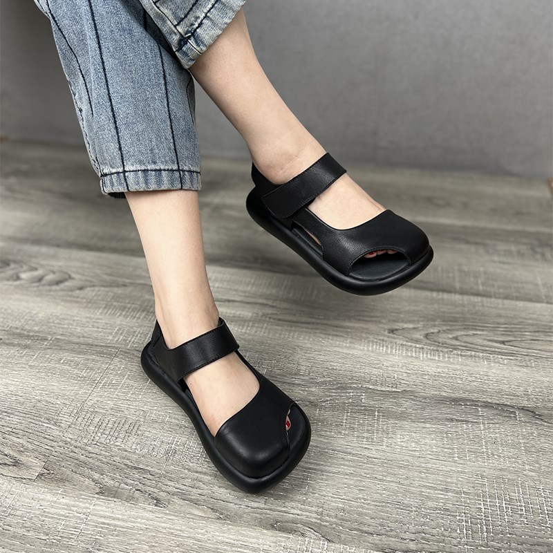 艺鞜2025年夏季新款真皮包头松糕镂空面包鞋大头一字带厚底凉鞋女