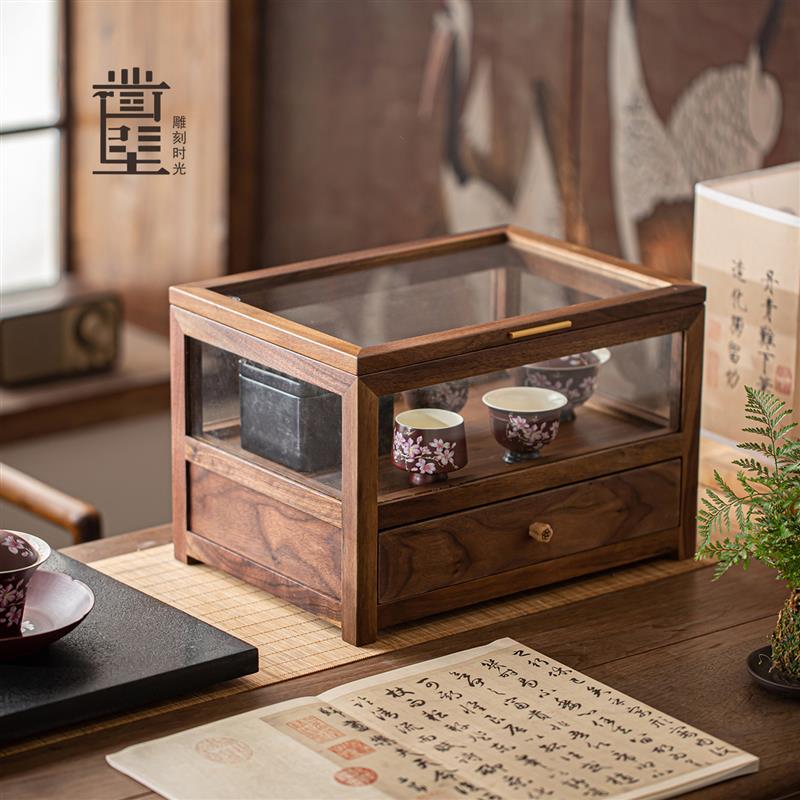 北美黑胡桃木茶具收纳盒防尘玻璃柜展示文玩手串紫砂壶茶杯收纳柜