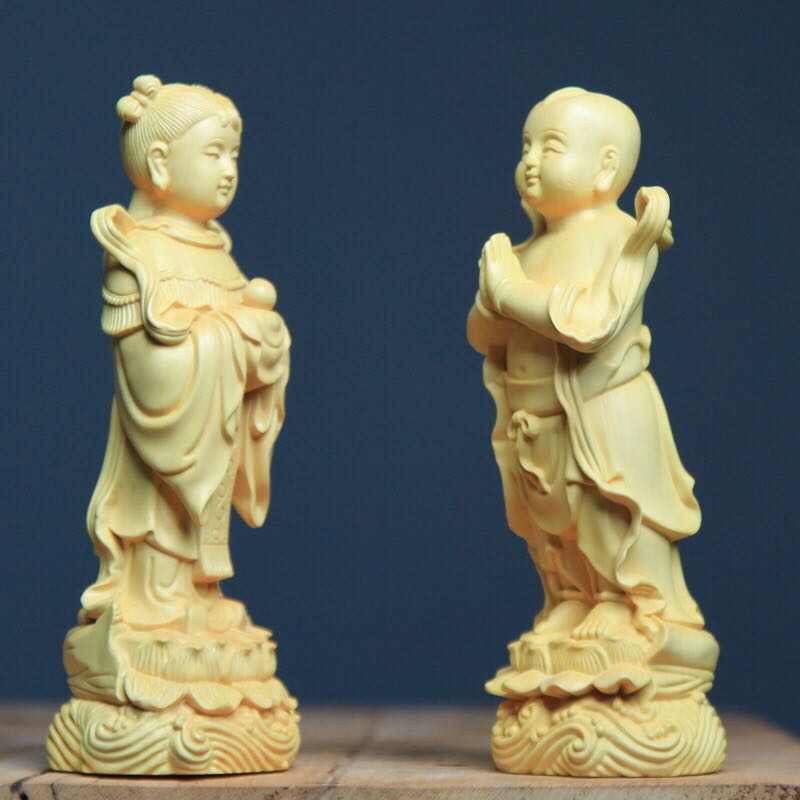 崖柏黄杨木雕刻金童玉女摆件招财童男童女善财童子龙女居家装饰品