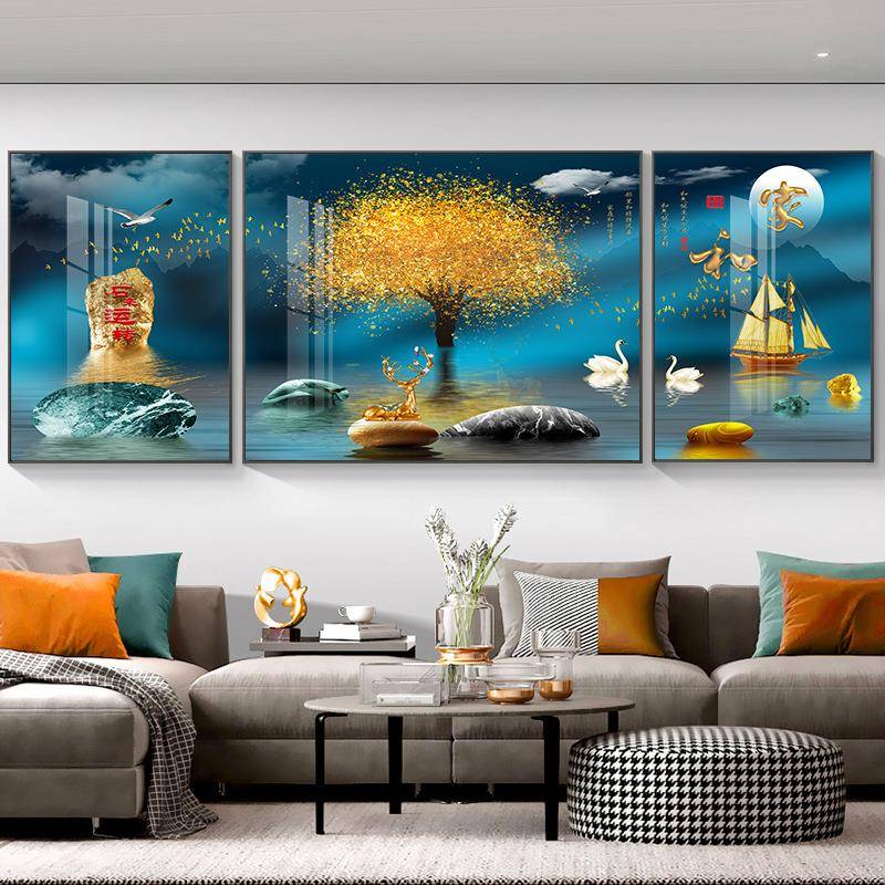 【折扣价】客厅晶瓷三联画麋鹿石来运转装饰画沙发墙画立体晶瓷挂图片