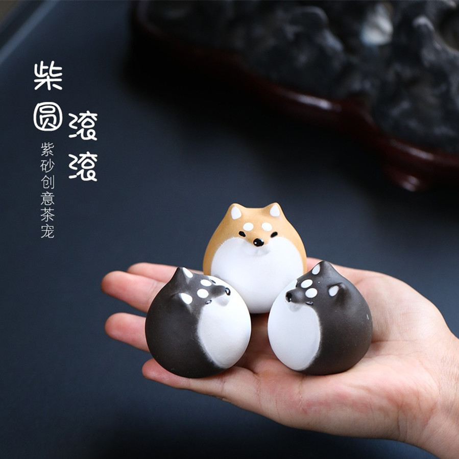 紫砂茶宠柴犬桌面摆件手工狗茶玩