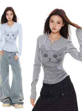 【走一推荐】APEA猫咪印花半开襟美式复古亨利领修身显瘦长袖T恤