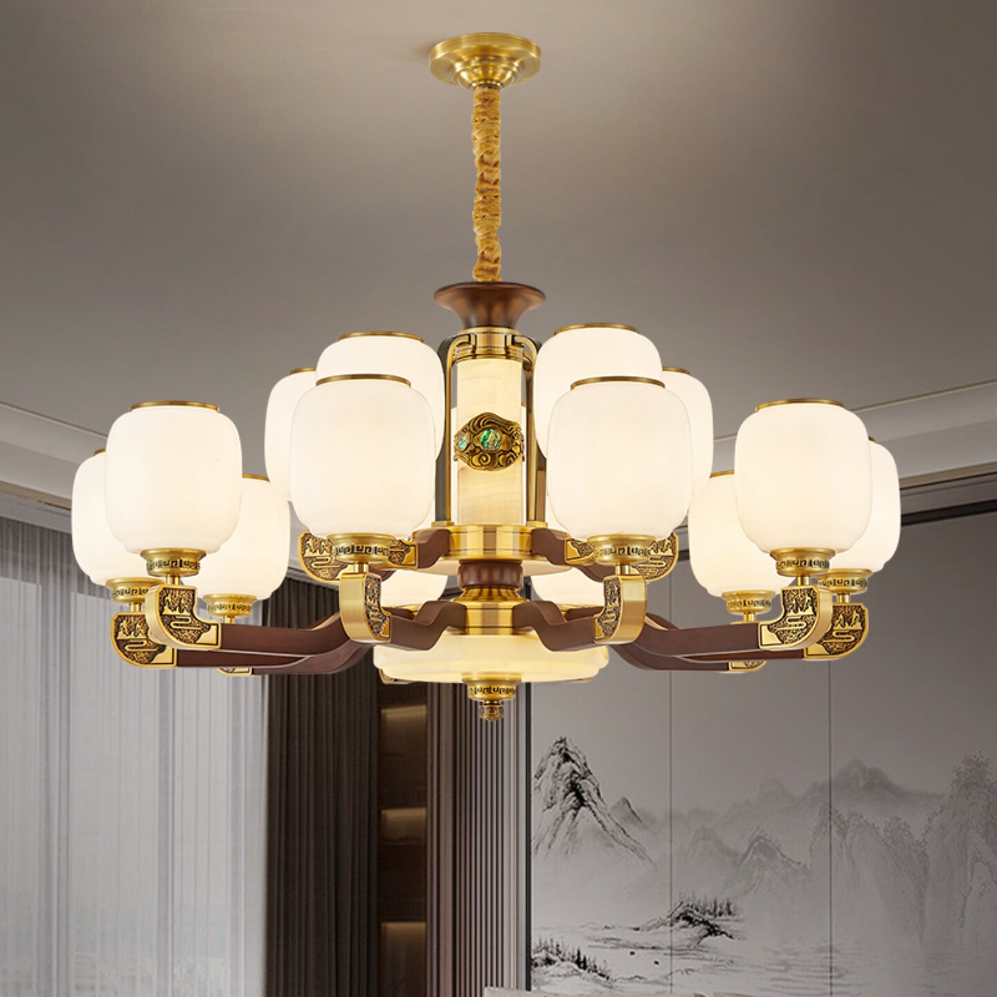 新中式全铜实木吊灯客厅灯高端大气中国风别墅挑空大吊灯餐厅灯具