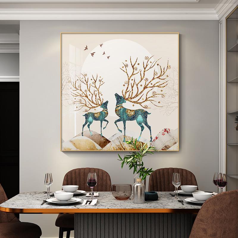 轻奢餐厅装饰画现代简约玄关门厅餐桌背景墙挂画饭厅饭店麋鹿壁画图片