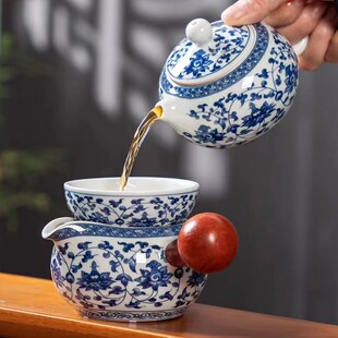 轻奢高档 青花瓷茶壶三才盖碗公道杯家用茶洗茶杯陶瓷功夫茶具套装