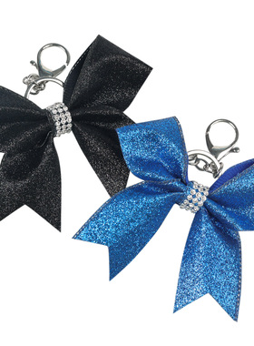 欧美热销新款蝴蝶结配饰挂件纯色格利特闪光皮革钥匙扣水钻宝蓝色