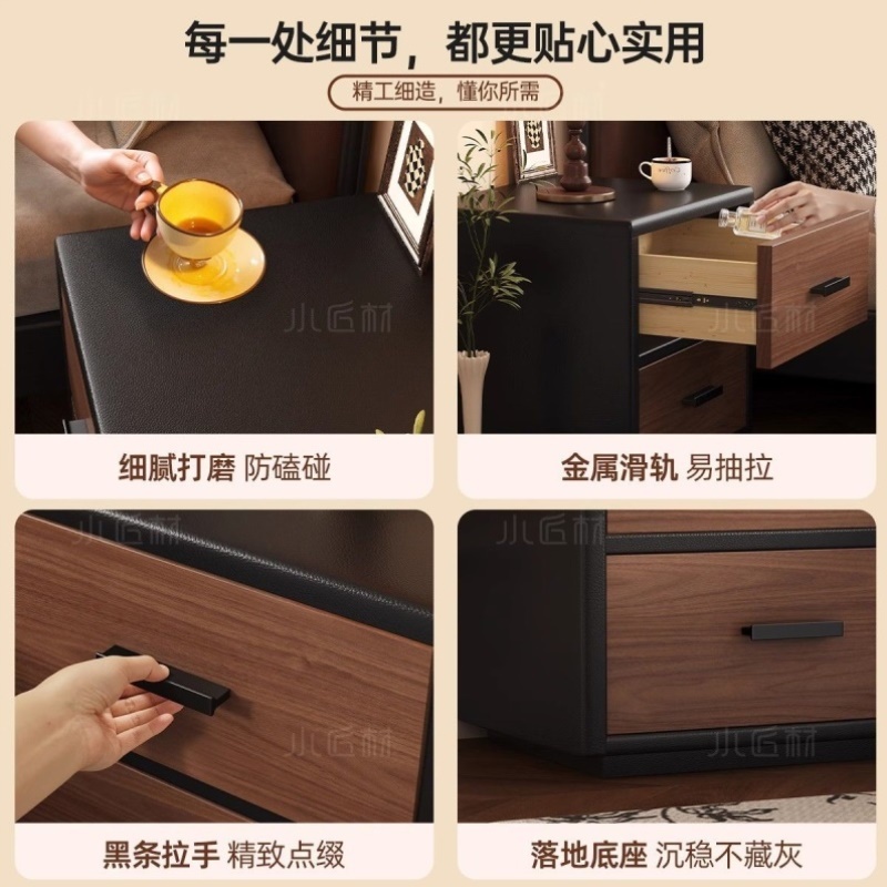 全实木茶几床头柜家用卧室2025爆款中古风黑色小型简约床边收纳柜