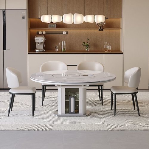 可伸缩岩板餐桌椅组合简约多功能内嵌电动转盘电磁炉圆形两用餐桌