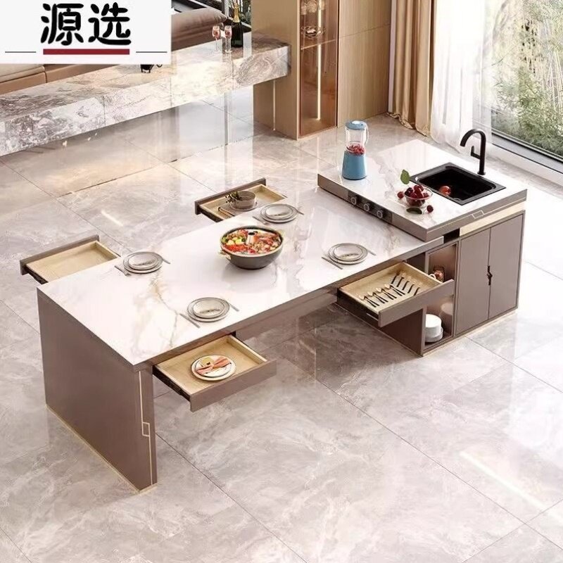 岛台餐桌一体带水槽现代轻奢多功能开放式厨房高端吧台伸缩中岛台