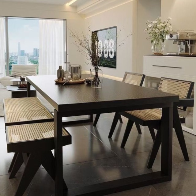 侘寂风黑色实木餐桌椅组合家用小户型长方形实木学习书桌工作台