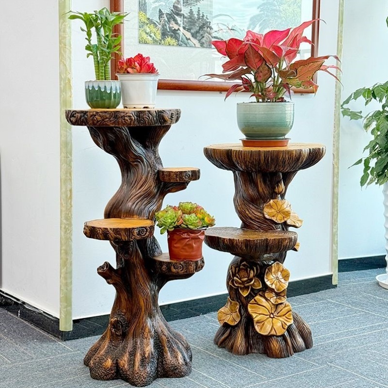 树桩摆件多功能花架落地工艺品木质新中式阳台户外庭院造景装饰