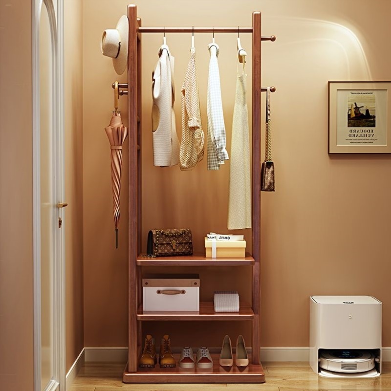 新中式实木衣帽架落地房间挂衣架小户型进门多层置物架卧室收纳架
