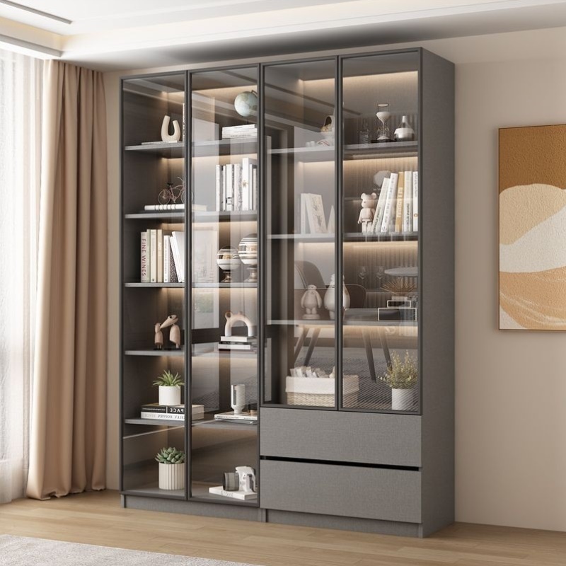 实木书柜透明玻璃门展示柜一体到顶置物架家用客厅储物手办柜书架