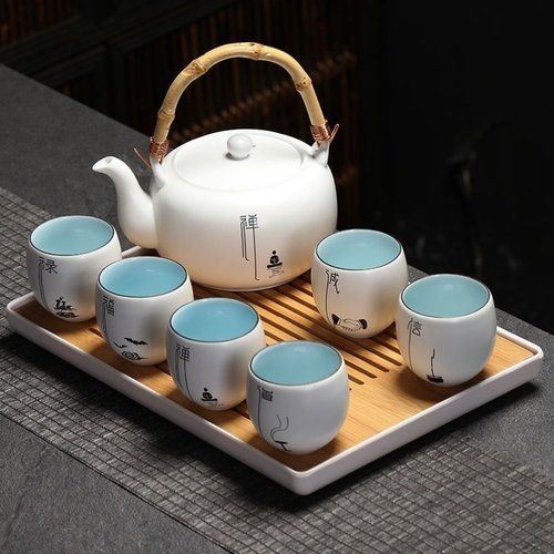 茶具套装大号提梁壶一壶六杯家用日式简约陶瓷办公喝茶壶茶盘茶杯