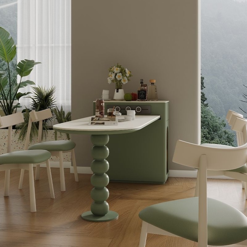 小户型岩板岛台餐桌一体法式奶油风可伸缩迷你中导台加窄倒台吧台