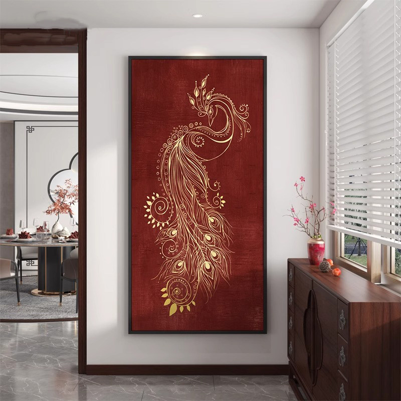 抽象吉祥孔雀客厅挂画新中式进门玄关壁画轻奢高档走廊过道装饰画