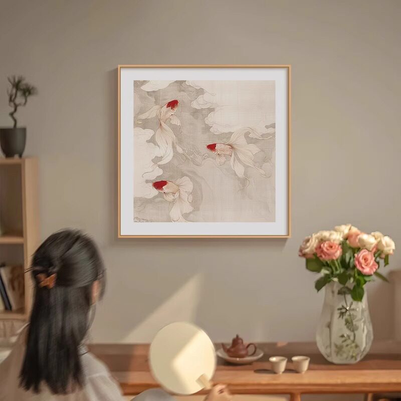 年年有鱼新中式客厅九鱼图挂画寓意好玄关装饰画卧室床头风水壁画