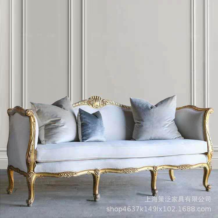 美式乡村客厅实木双人三人沙发法式金色影楼摄影做旧软包沙发