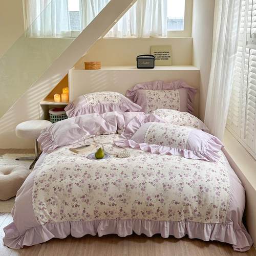 法式高级感褶皱花边全棉磨毛四件套纯棉2025被套床单复古床上用品