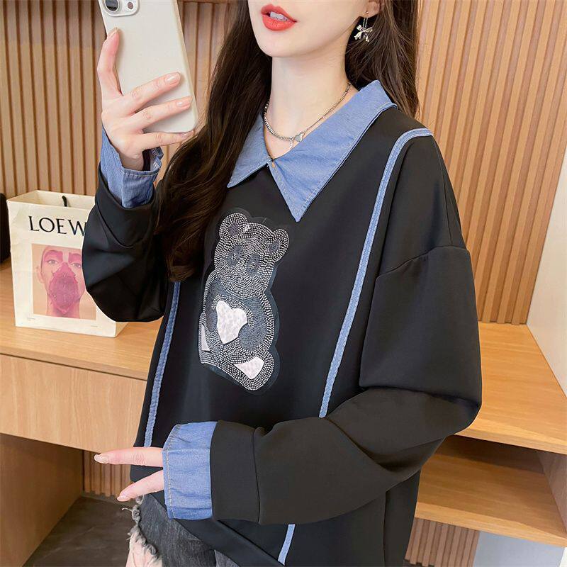 小众设计感假两件女士卫衣春秋薄款2025胖mm大码时髦漂亮小熊上衣
