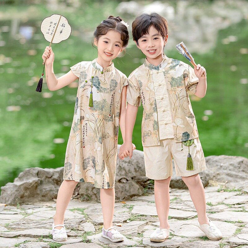 儿童套装汉服女童连衣裙古风夏装周岁男宝礼服中式唐装六一演出服