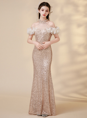 高端法式女童晚礼服挂脖亮片主持人儿童晚宴生日宴大童鱼尾连衣裙