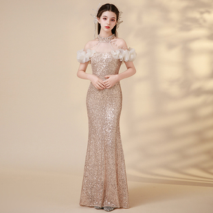 高端法式女童晚礼服挂脖亮片主持人儿童晚宴生日宴大童鱼尾连衣裙