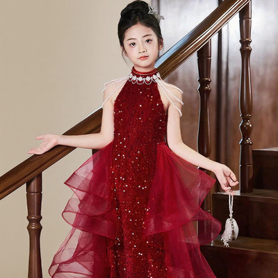 儿童国风红色礼服主持人演出服