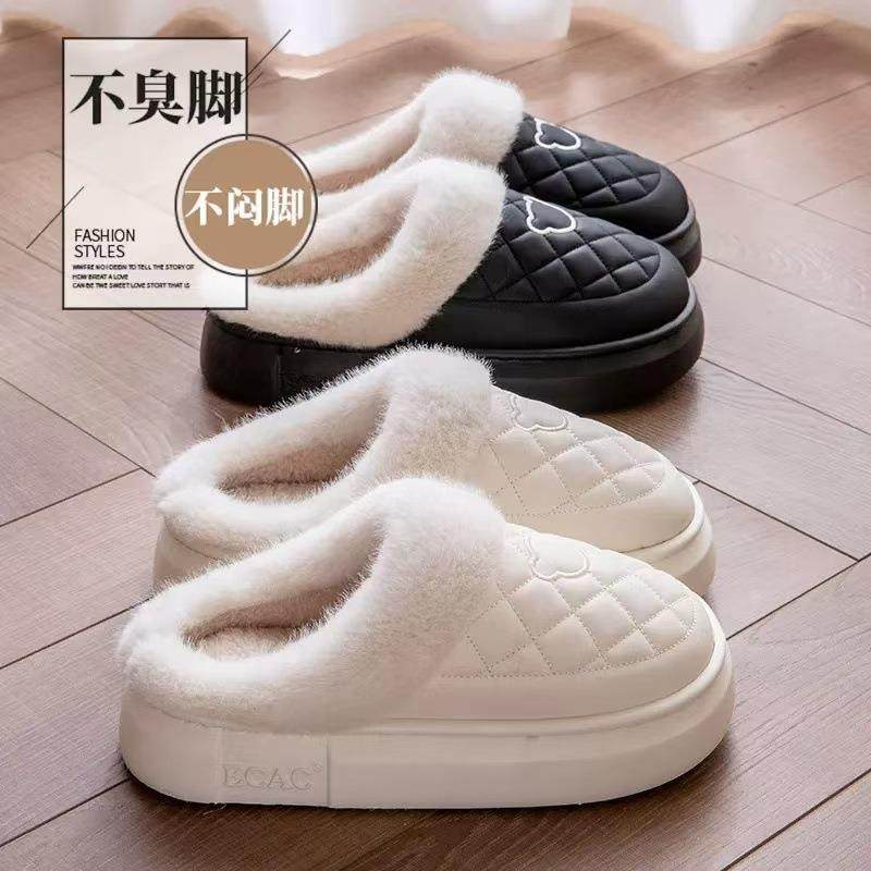 毛毛绒厚底棉拖鞋女士冬季新款加绒保暖拖鞋包跟高级感防水棉鞋男