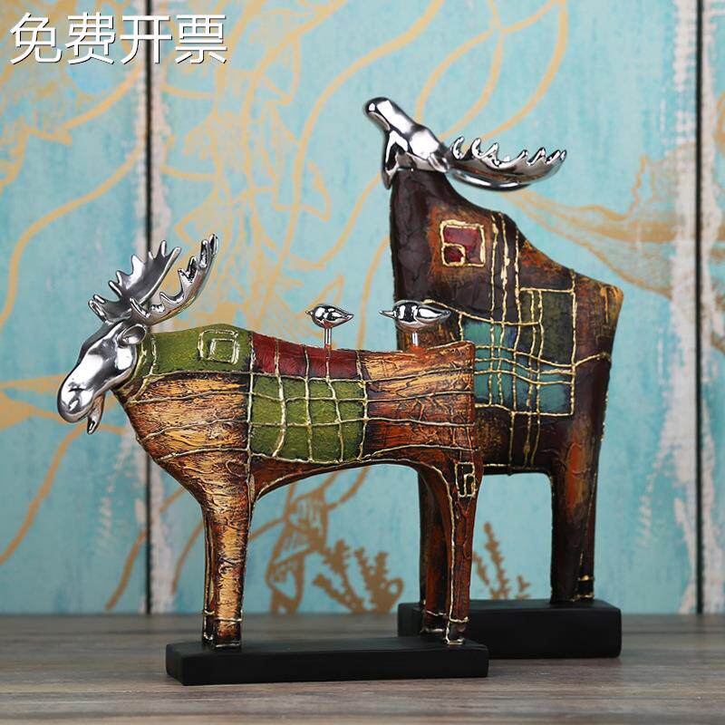 油画麋鹿动物摆件样板房创意家居电视柜客厅软装饰品树脂工艺品
