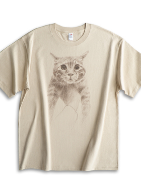 招财猫T恤牢财猫meme宽松男女纯棉短袖微落肩素描可爱卡通圆领tee