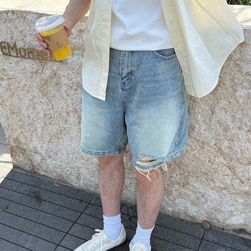 蓝色水洗做旧破洞牛仔短r裤夏季2025新款男生五分裤子宽松休闲潮