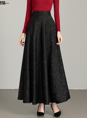 秋冬新款复古民族风黑色提花半身裙中长版高腰A字大摆Z长裙跳舞裙