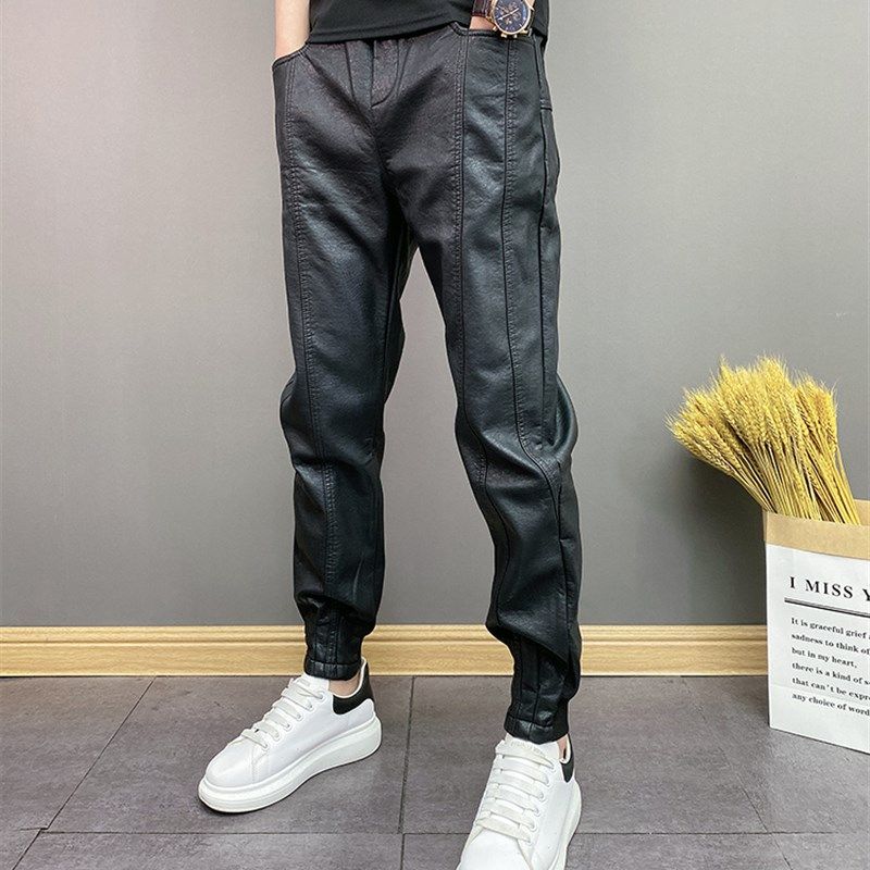 男士春秋季新款皮裤束p脚加绒保暖时尚黑色机车骑行防风休闲皮裤,男装,皮裤,淘宝优惠券,粉丝福利购,淘宝优惠卷
