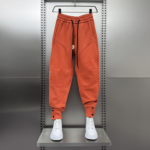 加绒卫裤 潮牌红色束脚休闲裤 2025冬季 松紧腰带运动裤 男宽松哈伦裤