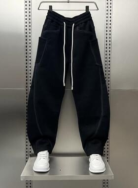 潮牌拼接宽松运动卫裤男秋冬加绒加厚弯刀哈伦裤美式潮牌休闲街头