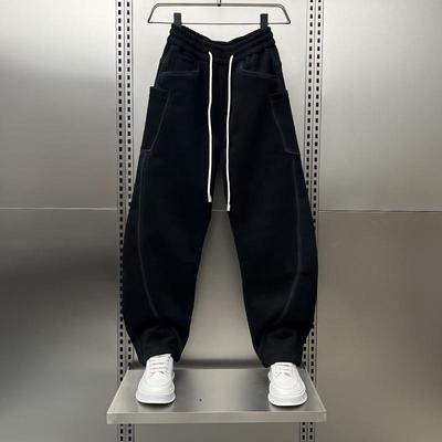 潮牌拼接宽松运动卫裤男秋冬加绒加厚弯刀哈伦裤美式潮牌休闲街头