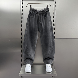 抽绳百搭休闲裤 2025秋冬加绒垂感松紧腰弯刀牛仔裤 男宽松直筒长裤