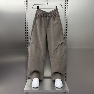 2025秋冬加厚阔腿长裤 男宽松百搭弯刀裤 复古风拼接直筒休闲裤 美式